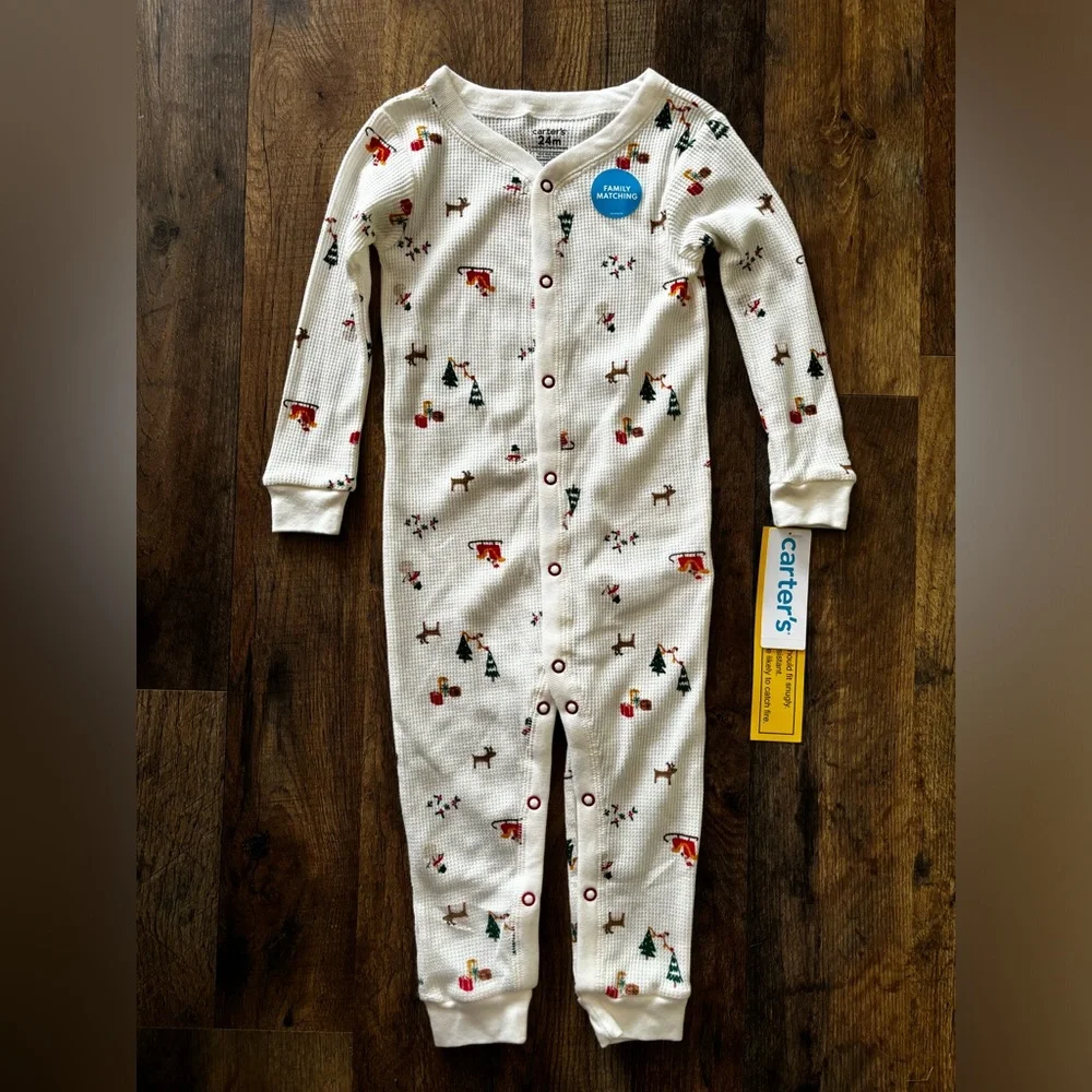 Carter’s One Piece Button Up Thermal Christmas Pajamas 24 months New